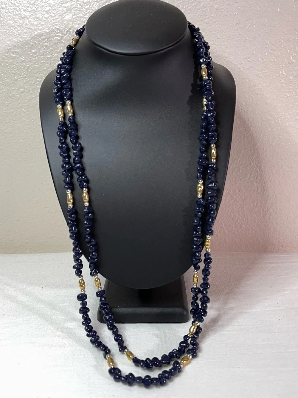 Classic Navy Bead and Gold Accent Long Necklace